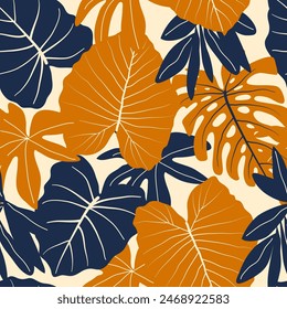 Abstract seamless tropical pattern with bright plants and leaves on a pastel background. Tropic leaves in bright colors. Exotic wallpaper. Seamless botanical pattern with plants.