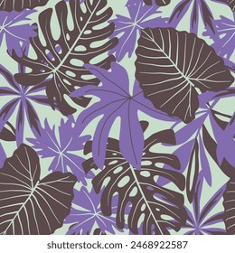 Abstractas patrón tropical sin fisuras con plantas brillantes y hojas sobre un fondo gris-azul. Hojas tropicales en colores brillantes. 
Hoja de la selva de Vector sin fisuras de fondo de patrón floral.
