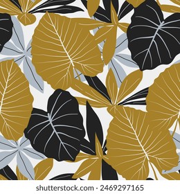 Abstract seamless tropical pattern with bright plants and leaves on a white background. Botanical leaf seamless vector floral pattern background. Seamless pattern with colorful leaves and plants.