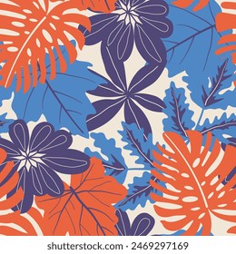 Abstract seamless tropical pattern with bright plants and leaves on a beige background. Modern abstract design for fabric, paper, interior decor. Beautiful seamless vector floral pattern.