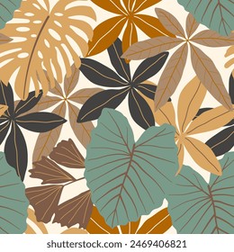 Abstract seamless tropical pattern with bright plants and leaves on a beige background. Seamless exotic pattern with tropical plants. Beautiful seamless vector floral pattern.