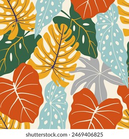 Abstract seamless tropical pattern with bright plants and leaves on a beige background. Seamless exotic pattern with tropical plants. Beautiful seamless vector floral pattern.