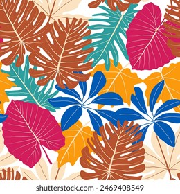 Abstract seamless tropical pattern with bright plants and leaves on a white background. Tropic leaves in bright colors. Beautiful seamless vector floral pattern.