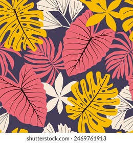 Abstract seamless tropical pattern with bright plants and leaves on a gray background. Tropic leaves in bright colors. Seamless pattern with colorful leaves and plants.