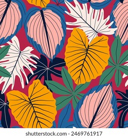 Abstract seamless tropical pattern with bright plants and leaves on a red background. Beautiful seamless vector floral pattern. Jungle leaf seamless vector floral pattern background.