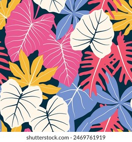 Abstract seamless tropical pattern with bright plants and leaves on a black background. Jungle leaf seamless vector floral pattern background. Seamless exotic pattern with tropical plants.