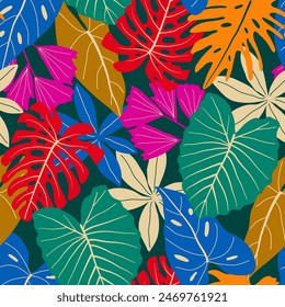 Abstract seamless tropical pattern with bright plants and leaves on a green background. Modern abstract design for fabric, paper, interior decor. Seamless pattern with colorful leaves and plants.