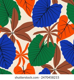 Abstractas patrón tropical sin fisuras con plantas brillantes y hojas sobre un fondo pastel. Fondo de patrón floral de Vector sin costura de hoja botánica. Colorido hawaiano de verano.