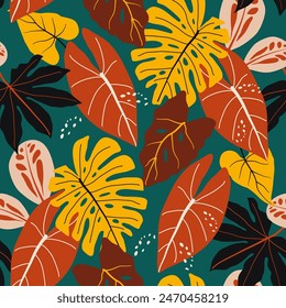 Abstractas patrón tropical sin costuras con plantas brillantes y hojas sobre un fondo verde oscuro. Patrón botánico sin fisuras con plantas. Fondo de patrón floral de Vector sin costura de hoja botánica.