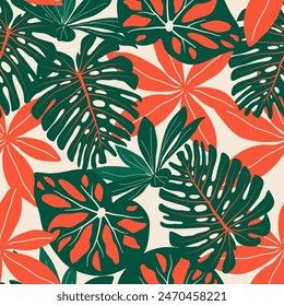 Abstract seamless tropical pattern with bright plants and leaves on a white background. Modern abstract design for fabric, paper, interior decor. Leaves in bright colors.