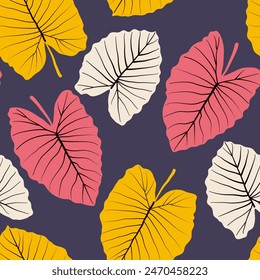 Abstrakte nahtlose tropische Muster mit hellen Pflanzen und Blättern auf lila Hintergrund. Schöner Print mit handgezeichneten Blumenpflanzen. Tropische Blätter in hellen Farben.