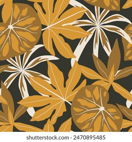 Abstract seamless tropical pattern with bright plants and leaves on a gray background. Leaves in bright colors. Seamless pattern with colorful leaves and plants.