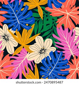 Abstractas patrón tropical sin costuras con plantas brillantes y hojas sobre un fondo oscuro. Hermosas plantas exóticas.  Hojas tropicales en colores brillantes. Hojas en colores brillantes.