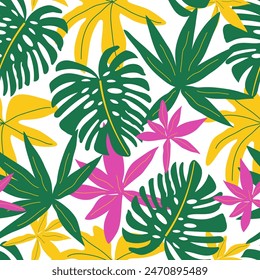 Abstract seamless tropical pattern with bright plants and leaves on a white background. Seamless botanical pattern with plants. Beautiful exotic plants. 