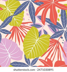 Abstract seamless tropical pattern with bright plants and leaves on a pink background. Vector design. Jungle print. Floral background.  Seamless exotic pattern with tropical plants.