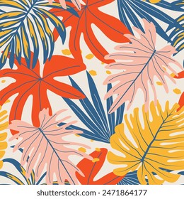 Abstract seamless tropical pattern with bright plants and leaves on a pastel background. Summer colorful hawaiian. Pattern with colorful leaves and plants.