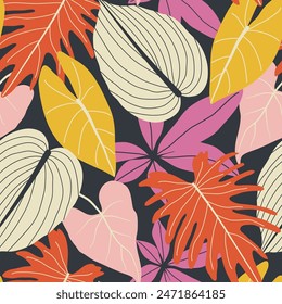 Abstract seamless tropical pattern with bright plants and leaves on a dark gray background. Seamless pattern with colorful leaves and plants. Tropic leaves in bright colors.