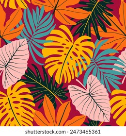 Abstract seamless tropical pattern with bright plants and leaves on a red background. Jungle leaf seamless vector floral pattern background. Tropic leaves in bright colors.