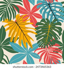 Abstract seamless tropical pattern with bright plants and leaves on a light yellow background. Modern abstract design for fabric, paper, interior decor. Trendy summer Hawaii print.