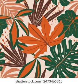 Abstract seamless tropical pattern with bright plants and leaves on a pastel yellow background. Botanical leaf seamless vector floral pattern background. Tropic leaves in bright colors.