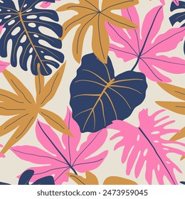 Abstract seamless tropical pattern with bright plants and leaves on a beige background. Seamless botanical pattern with plants. Summer colorful hawaiian seamless pattern with tropical plants.