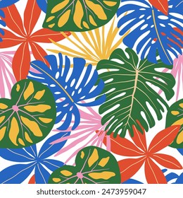 Abstract seamless tropical pattern with bright plants and leaves on a white background. Jungle leaf seamless vector floral pattern background. Beautiful exotic plants. 