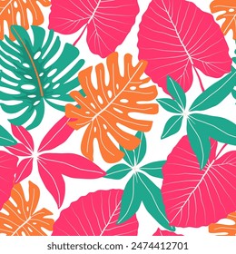 Abstract seamless tropical pattern with bright plants and leaves on a white background. Seamless pattern with colorful leaves and plants. Beautiful print with hand drawn floral plants.