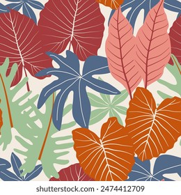 Abstract seamless tropical pattern with bright plants and leaves on a pastel background. Modern abstract design for fabric, paper, interior decor. Leaves in bright colors.