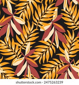 Abstrakte nahtlose tropische Muster mit hellen Pflanzen und Blättern auf braunem Hintergrund. Dschungelblatt nahtlose Vektorgrafik Blumenmuster Hintergrund. Blätter in hellen Farben.