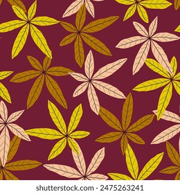 Abstract seamless tropical pattern with bright plants and leaves on a red background. Tropical leaves in bright colors. Seamless botanical pattern with plants.