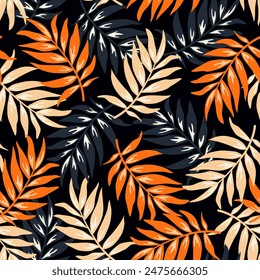 Abstract seamless tropical pattern with bright plants and leaves on a dark background. Hawaiian style. Beautiful print with hand drawn floral plants.