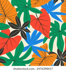 Abstract seamless tropical pattern with bright plants and leaves on a beige background. Vector design. Jungle print. Floral background. Summer colorful hawaiian. 