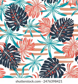 Abstract seamless tropical pattern with bright plants and leaves on a white background. Seamless exotic pattern with tropical plants. Colorful stylish floral. Exotic tropics. Summer.