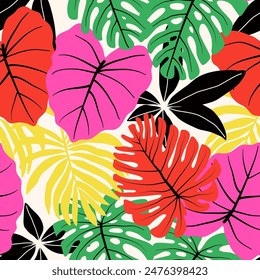 Abstract seamless tropical pattern with bright plants and leaves on a light background. Leaves in bright colors. Botanical leaf seamless vector floral pattern background.