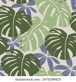 Abstract seamless tropical pattern with bright plants and leaves on a pastel background. Jungle leaf seamless vector floral pattern background. Seamless exotic pattern with tropical plants.