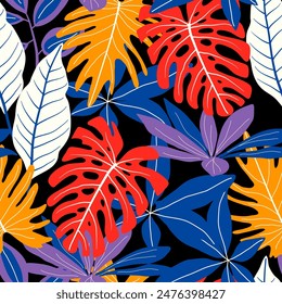 Abstract seamless tropical pattern with bright plants and leaves on a black background. Seamless exotic pattern with tropical plants. Tropic leaves in bright colors. 