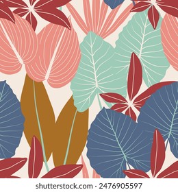 Abstract seamless tropical pattern with bright plants and leaves on a delicate background. Beautiful seamless vector floral pattern. Jungle leaf seamless vector floral pattern background. 