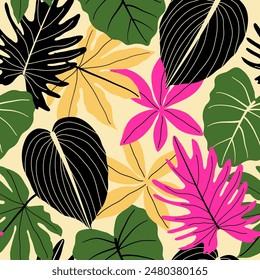 Abstract seamless tropical pattern with bright plants and leaves on a beige background. Seamless pattern with colorful leaves and plants. Tropic leaves in bright colors.