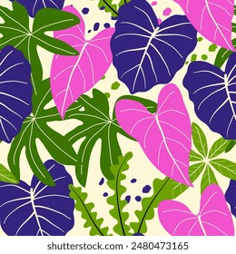 Abstractas patrón tropical sin fisuras con plantas brillantes y hojas sobre un fondo pastel. Hermosa impresión con plantas florales dibujadas a mano. 
Impresión de verano de moda en Hawái.