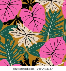 Abstract seamless tropical pattern with bright plants and leaves on a brown background. Botanical leaf seamless vector floral pattern background. Colorful stylish floral.