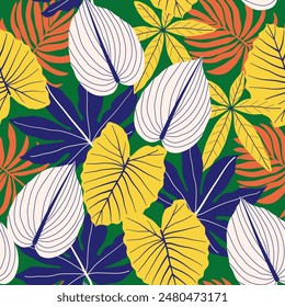 Abstract seamless tropical pattern with bright plants and leaves on a green background. Seamless botanical pattern with plants. Leaves in bright colors.