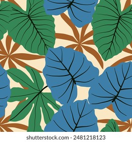 Abstract seamless tropical pattern with bright plants and leaves on a light background. Seamless pattern with colorful leaves and plants. Tropic leaves in bright colors.