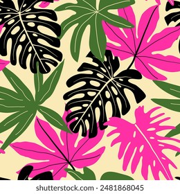 Abstract seamless tropical pattern with bright plants and leaves on a pastel background. Trendy summer Hawaii print. Seamless botanical pattern with plants. Exotic wallpaper.