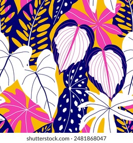 Abstractas patrón tropical sin costuras con plantas brillantes y hojas sobre un fondo amarillo. Fondo de patrón floral de Vector sin costura de hoja botánica. Hojas tropicales en colores brillantes.