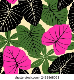 Abstract seamless tropical pattern with bright plants and leaves on a beige background. Summer colorful hawaiian seamless pattern with tropical plants. Colorful stylish floral.