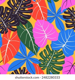 Abstract seamless tropical pattern with bright plants and leaves on a yellow background. Seamless exotic pattern with tropical plants. Trendy summer Hawaii print. Hawaiian style.