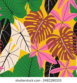 Abstract seamless tropical pattern with bright plants and leaves on a yellow background. Seamless exotic pattern with tropical plants. Beautiful print with hand drawn floral plants.