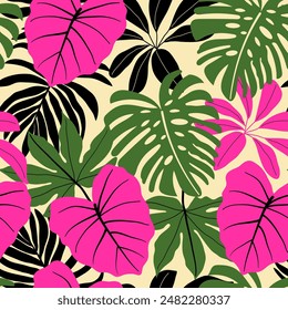 Abstract seamless tropical pattern with bright plants and leaves on a delicate yellow background. Tropical botanical. Seamless pattern with colorful leaves and plants. Leaves in bright colors.
