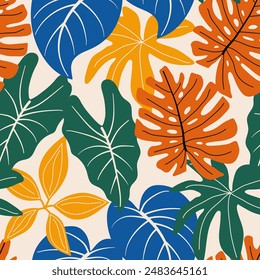Abstract seamless tropical pattern with bright plants and leaves on a beige background. Leaves in bright colors. Modern abstract design for fabric, paper, interior decor.