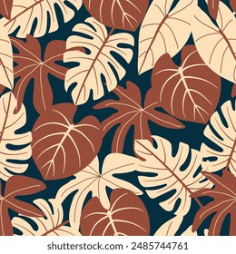 Abstract seamless tropical pattern with bright plants and leaves on a dark background. Seamless botanical pattern with plants. Beautiful exotic plants. 